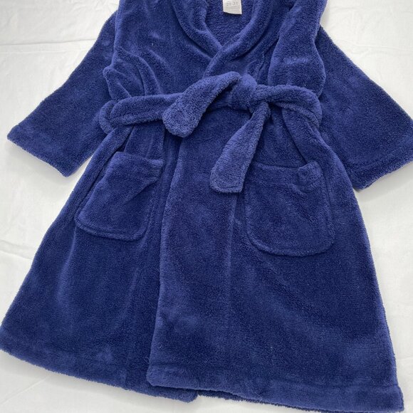 Pottery Barn Kids Baby Toddler Plush Hooded Fleece Bath Robe Navy Blue 2T - 3T - Picture 5 of 10